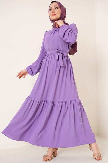 Yakası Büzgülü Ayrobin Elbise Lila - Tesettür Elbise