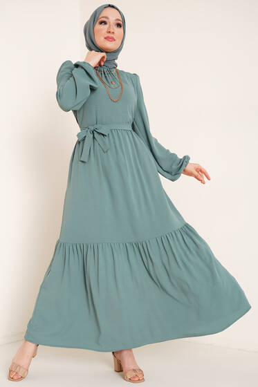 Yakası Büzgülü Ayrobin Elbise Mint Yeşili - Tesettür Elbise