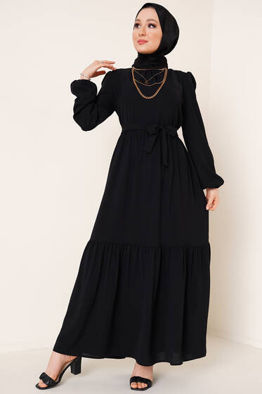 Yakası Büzgülü Ayrobin Elbise Siyah - Tesettür Elbise