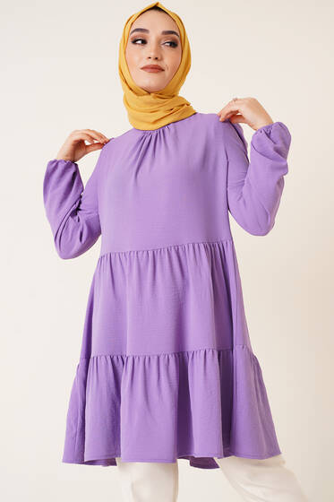 Yakası Büzgülü Ayrobin Tunik Lila - Tunik