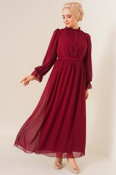 Yakası Büzgülü Bordo Şifon Elbise - Tesettür Elbise