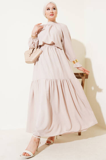 Yakası Büzgülü Etekli İkili Takım Bej - İkili Takım