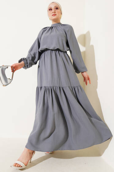 Yakası Büzgülü Etekli İkili Takım Gri - İkili Takım