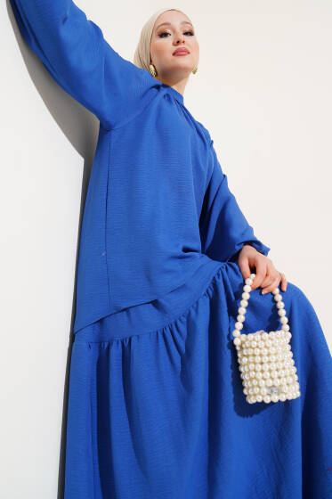 Yakası Büzgülü Etekli İkili Takım Saks - İkili Takım