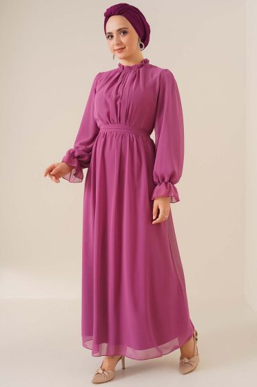 Yakası Büzgülü Galibarda Şifon Elbise - Tesettür Elbise