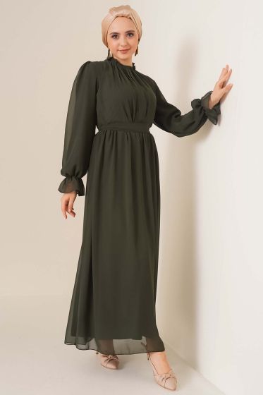 Yakası Büzgülü Haki Şifon Elbise - Tesettür Elbise