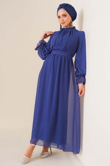 Yakası Büzgülü İndigo Şifon Elbise - Tesettür Elbise
