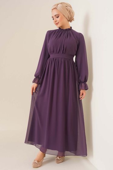 Yakası Büzgülü Magenta Şifon Elbise - Tesettür Elbise