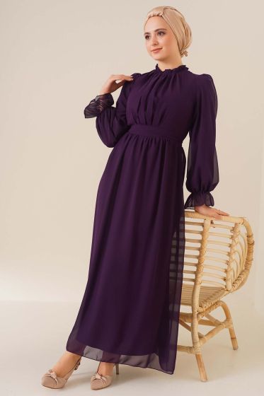 Yakası Büzgülü Mor Şifon Elbise - Tesettür Elbise