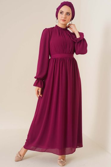 Yakası Büzgülü Mürdüm Şifon Elbise - Tesettür Elbise