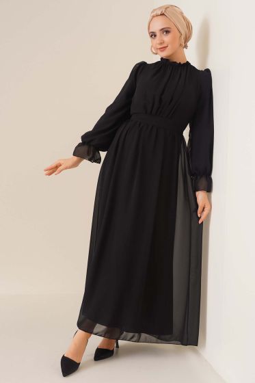 Yakası Büzgülü Siyah Şifon Elbise - Tesettür Elbise