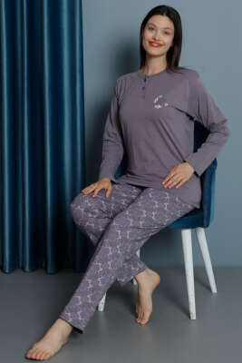 Yakası Çiçek Nakışlı Kadın Pijama Takım Lila - Kadın Pijama Takımı
