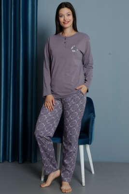 Yakası Çiçek Nakışlı Kadın Pijama Takım Lila - Pijama & Gecelik