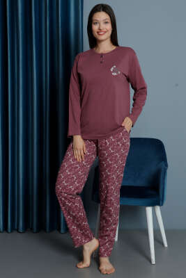 Yakası Çiçek Nakışlı Kadın Pijama Takım Magenta - Pijama