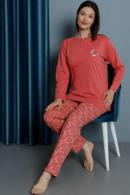 Yakası Çiçek Nakışlı Kadın Pijama Takım Mercan - Pijama