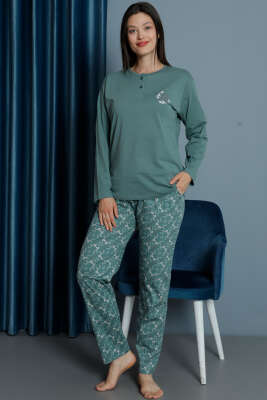Yakası Çiçek Nakışlı Kadın Pijama Takım Mint - Başörtüsü