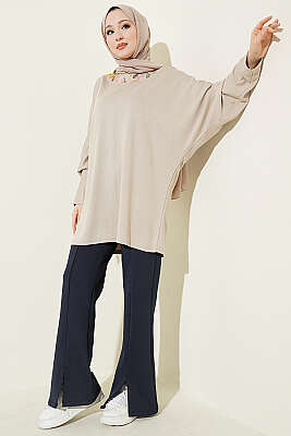 Yakası Çiçek Nakışlı Loyşa Tunik Bej - Tunik