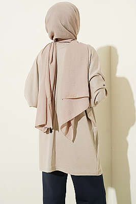 Yakası Çiçek Nakışlı Loyşa Tunik Bej - Tunik