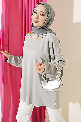 Yakası Çiçek Nakışlı Loyşa Tunik Gri - SAS