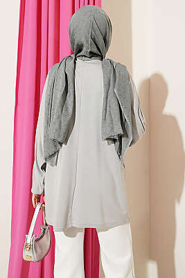 Yakası Çiçek Nakışlı Loyşa Tunik Gri - Tunik