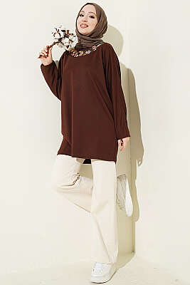 Yakası Çiçek Nakışlı Loyşa Tunik Kahve - Tunik