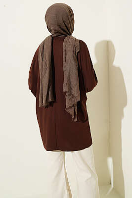 Yakası Çiçek Nakışlı Loyşa Tunik Kahve - Tunik