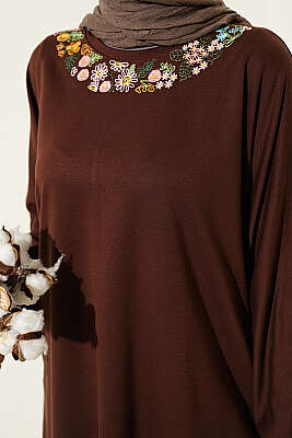 Yakası Çiçek Nakışlı Loyşa Tunik Kahve - Tunik