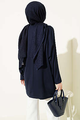 Yakası Çiçek Nakışlı Loyşa Tunik Lacivert - Tunik