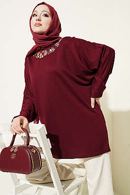 Yakası Çiçek Nakışlı Loyşa Tunik Mürdüm - SAS