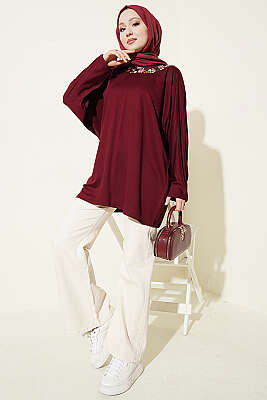 Yakası Çiçek Nakışlı Loyşa Tunik Mürdüm - Tunik