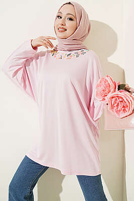 Yakası Çiçek Nakışlı Loyşa Tunik Pembe - SAS