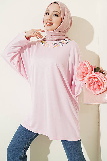 Yakası Çiçek Nakışlı Loyşa Tunik Pembe - Tunik