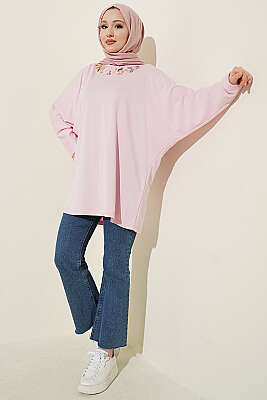 Yakası Çiçek Nakışlı Loyşa Tunik Pembe - Tunik