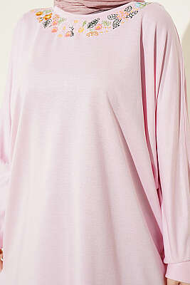 Yakası Çiçek Nakışlı Loyşa Tunik Pembe - Tunik