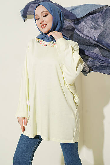 Yakası Çiçek Nakışlı Loyşa Tunik Sarı - Tunik