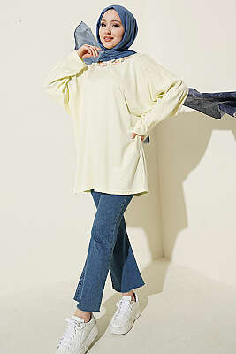 Yakası Çiçek Nakışlı Loyşa Tunik Sarı - Tunik