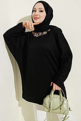 Yakası Çiçek Nakışlı Loyşa Tunik Siyah - SAS