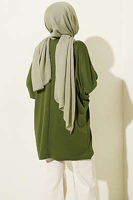 Yakası Çiçek Nakışlı Loyşa Tunik Yeşil - Tunik