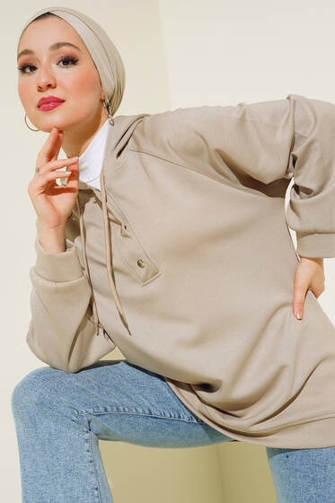 Yakası Çıtçıt Detaylı Kapüşonlu Tunik Bej - Tunik