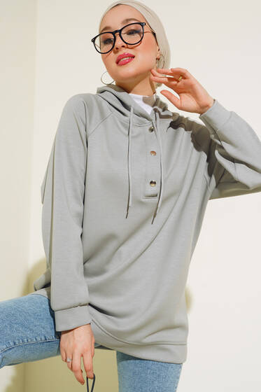 Yakası Çıtçıt Detaylı Kapüşonlu Tunik Gri - Tunik