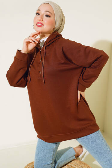 Yakası Çıtçıt Detaylı Kapüşonlu Tunik Kahve - Tunik