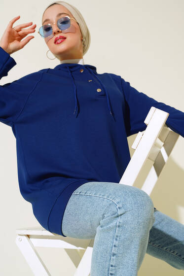 Yakası Çıtçıt Detaylı Kapüşonlu Tunik Lacivert - Tunik