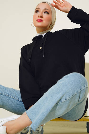 Yakası Çıtçıt Detaylı Kapüşonlu Tunik Siyah - Tunik