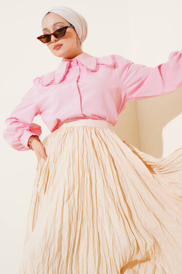 Yakası Dantel Detaylı Gömlek Pembe - Gömlek