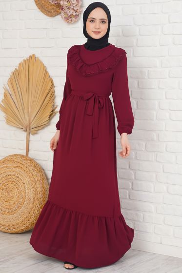 Yakası Dantel Detaylı Kemerli Bordo Elbise - Tesettür Elbise