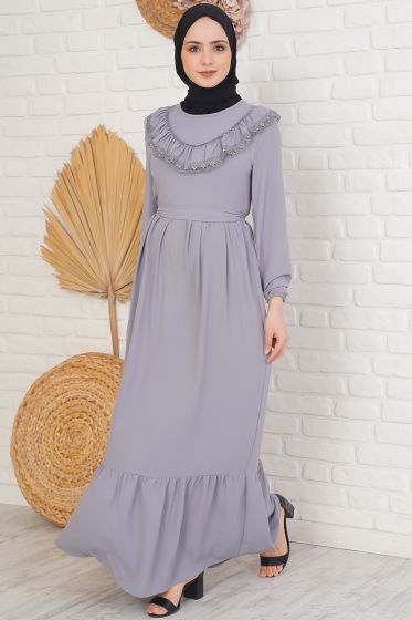 Yakası Dantel Detaylı Kemerli Gri Elbise - Tesettür Elbise
