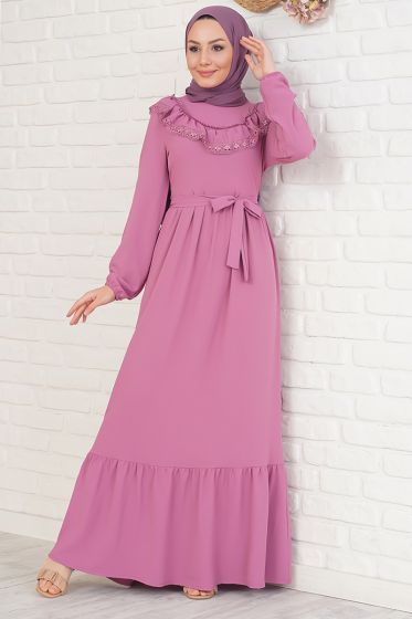 Yakası Dantel Detaylı Kemerli Gül Kurusu Elbise - Tesettür Elbise