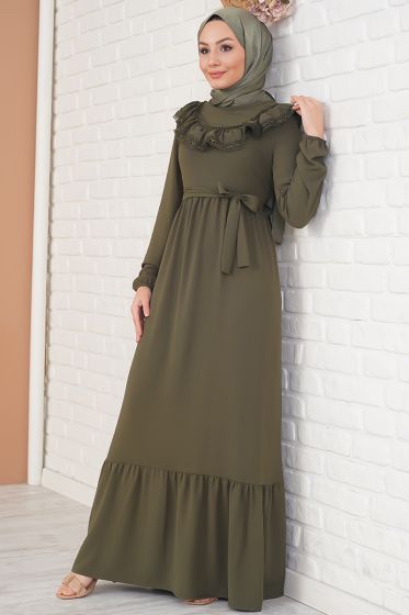 Yakası Dantel Detaylı Kemerli Haki Elbise - Tesettür Elbise