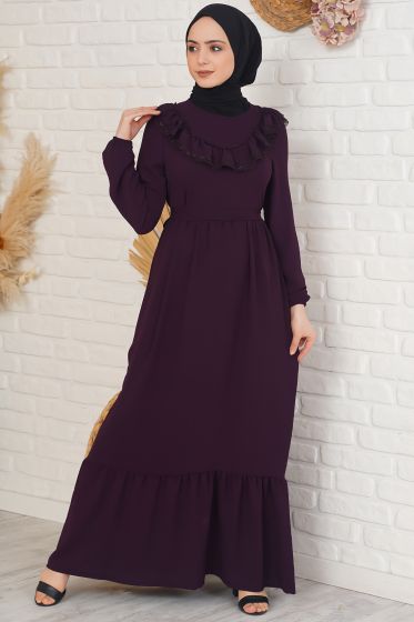Yakası Dantel Detaylı Kemerli Mor Elbise - Tesettür Elbise
