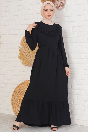 Yakası Dantel Detaylı Kemerli Siyah Elbise - Tesettür Elbise